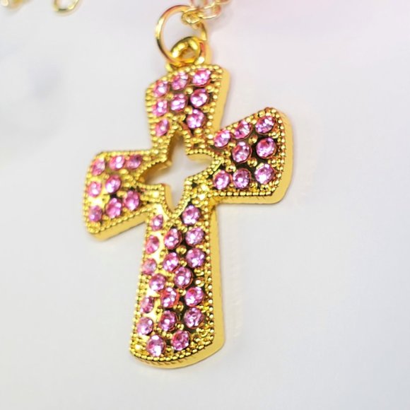 Pink Pave Crystal Cross Necklace - Picture 12 of 14